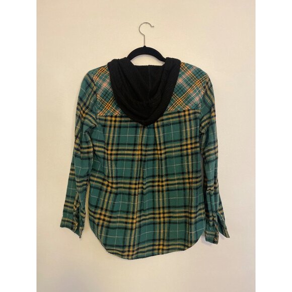 Maurices Women’s Plaid Button-Up Hoodie Shirt Green With Black Hood Size M - Picture 5 of 5